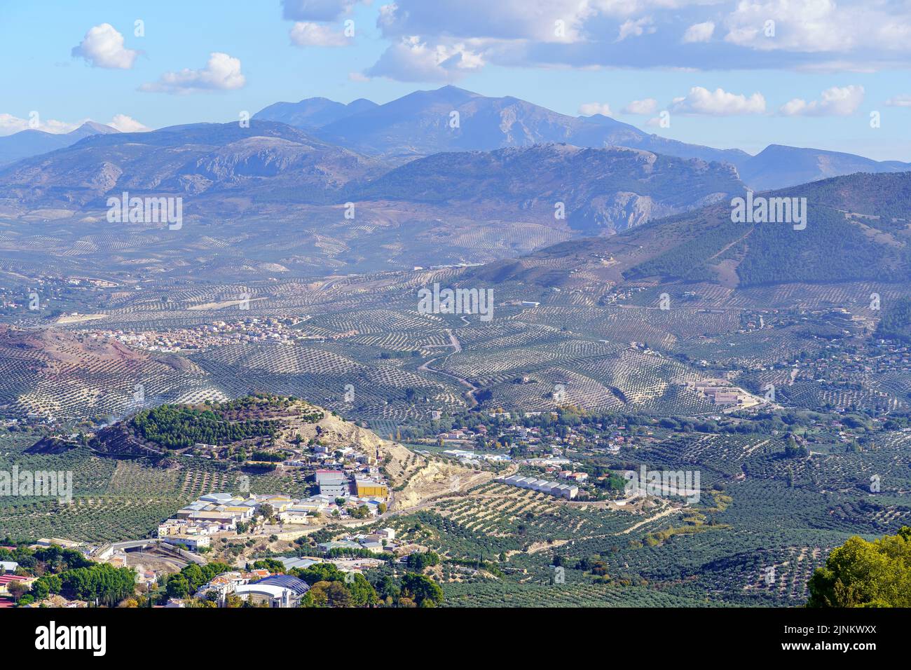 Veduta aerea della città andalusa di Jaen, vicino alle alte montagne e ai suoi uliveti. Foto Stock