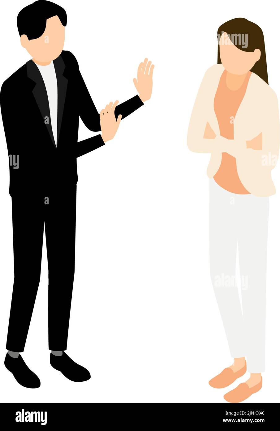 Isometrico, una donna che si arrabbia durante una data e un uomo che lenisce Illustrazione Vettoriale