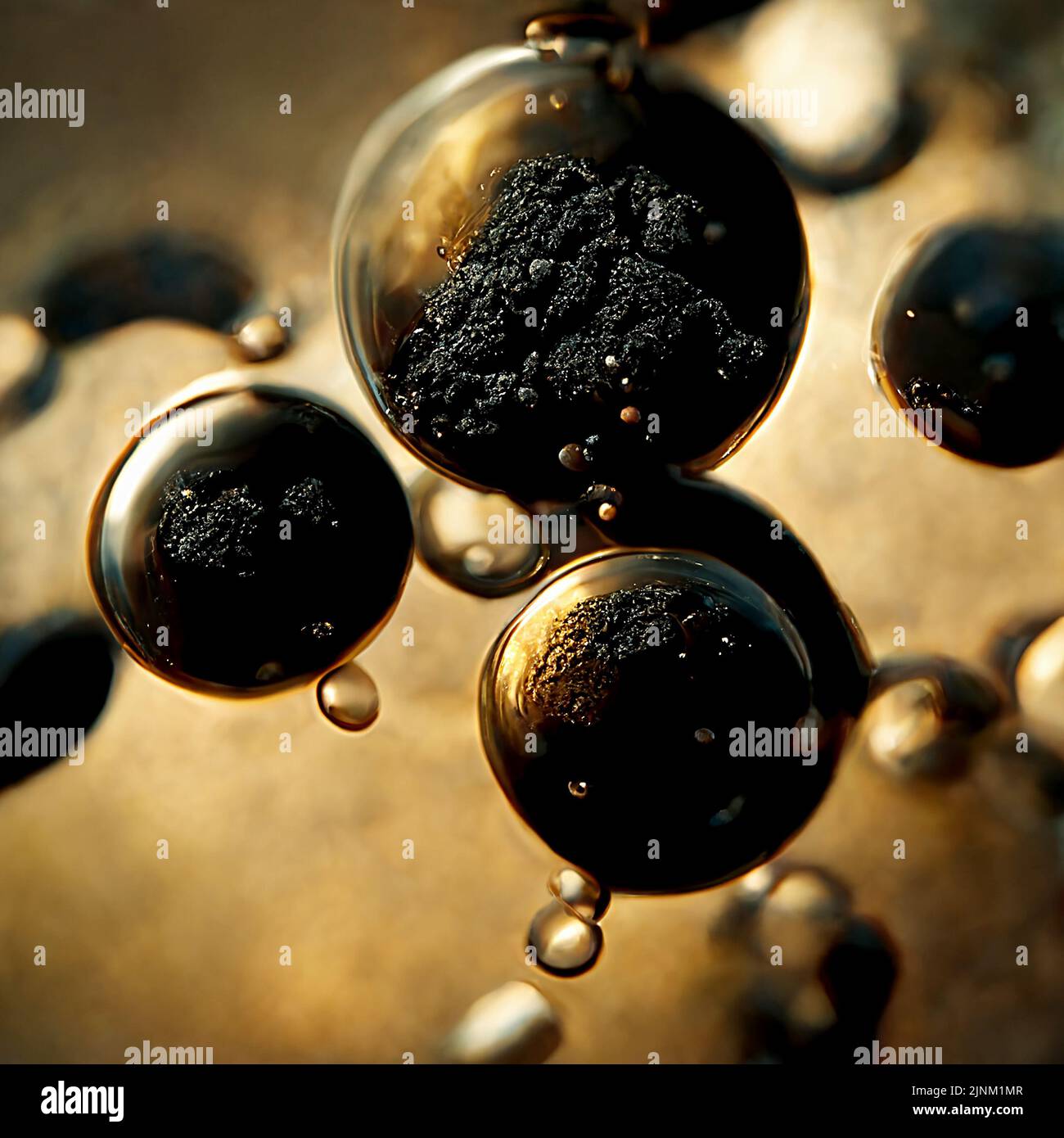 Abstract 3D immagine delle molecole particelle di fungo e muffa al microscopio. Batteri neri nocivi che sembrano gocce di olio motore di cattiva qualità. Foto Stock