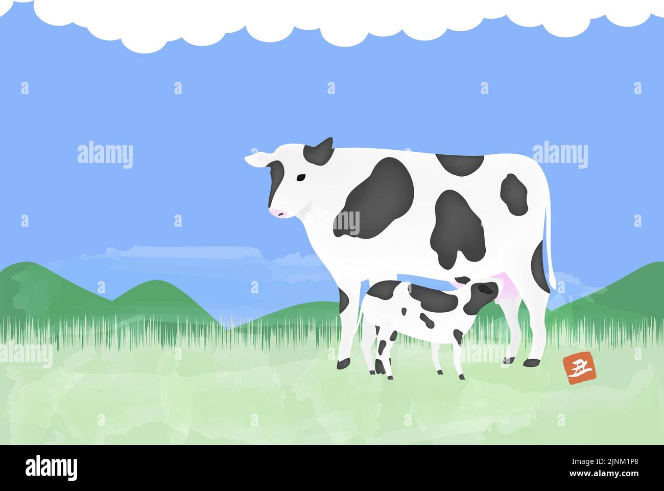 Modello di cartolina di Capodanno Illustrazione di Holstein nel ranch, anno di buoi 2021 Illustrazione Vettoriale