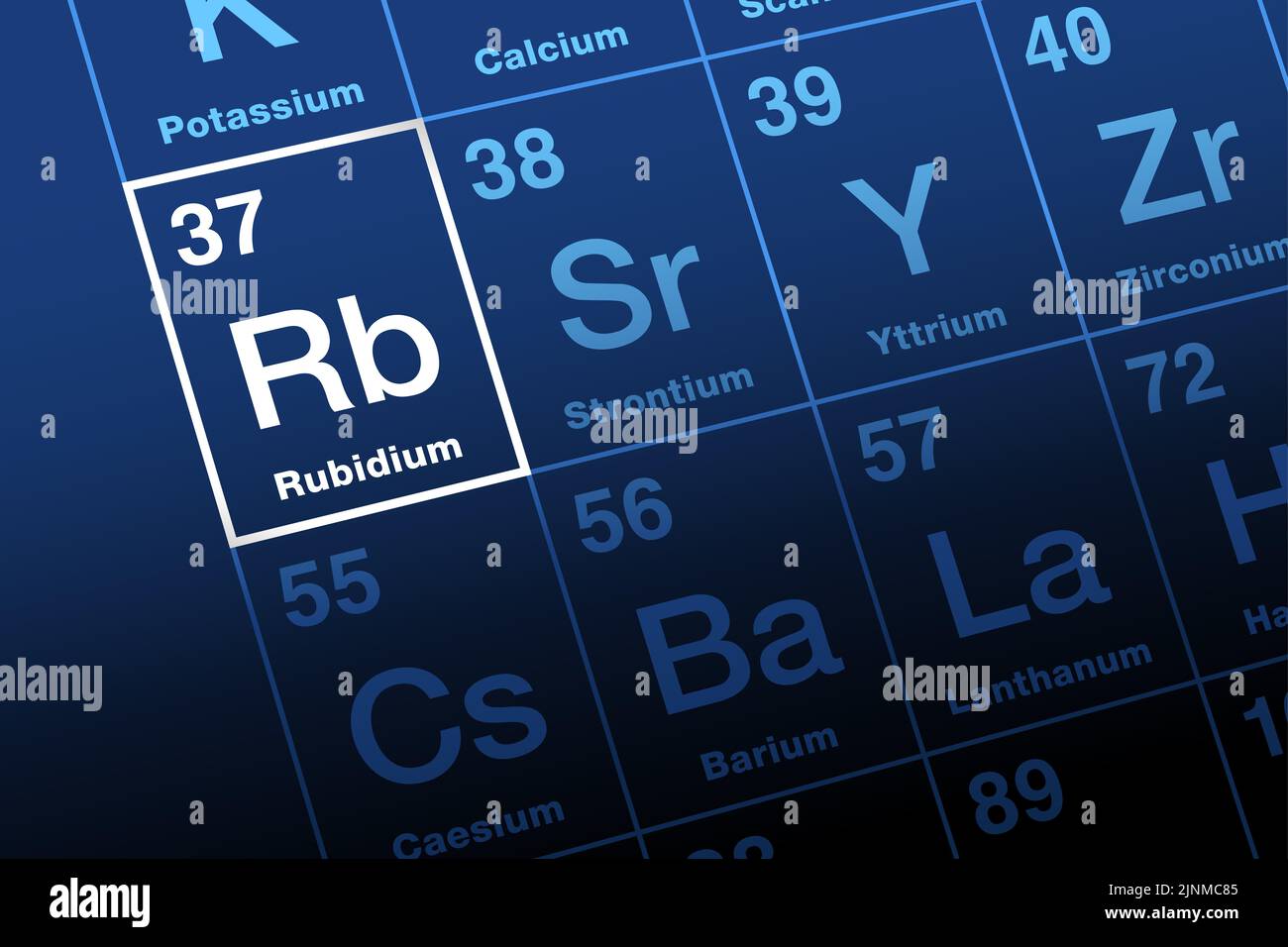 Rubidio su tavola periodica. Metallo alcalino ed elemento chimico con numero atomico 37 e simbolo Rb, che prende il nome dal latino rubidius, che significa rosso profondo. Foto Stock