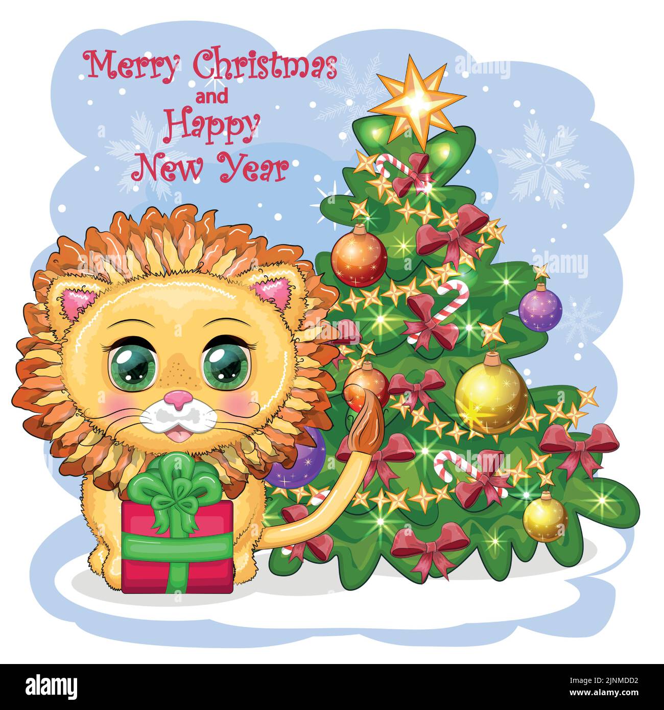 Buon Natale e Felice Anno Nuovo. Divertente leone in cappello rosso con  regalo in stile cartone animato. Biglietto d'auguri Immagine e Vettoriale -  Alamy