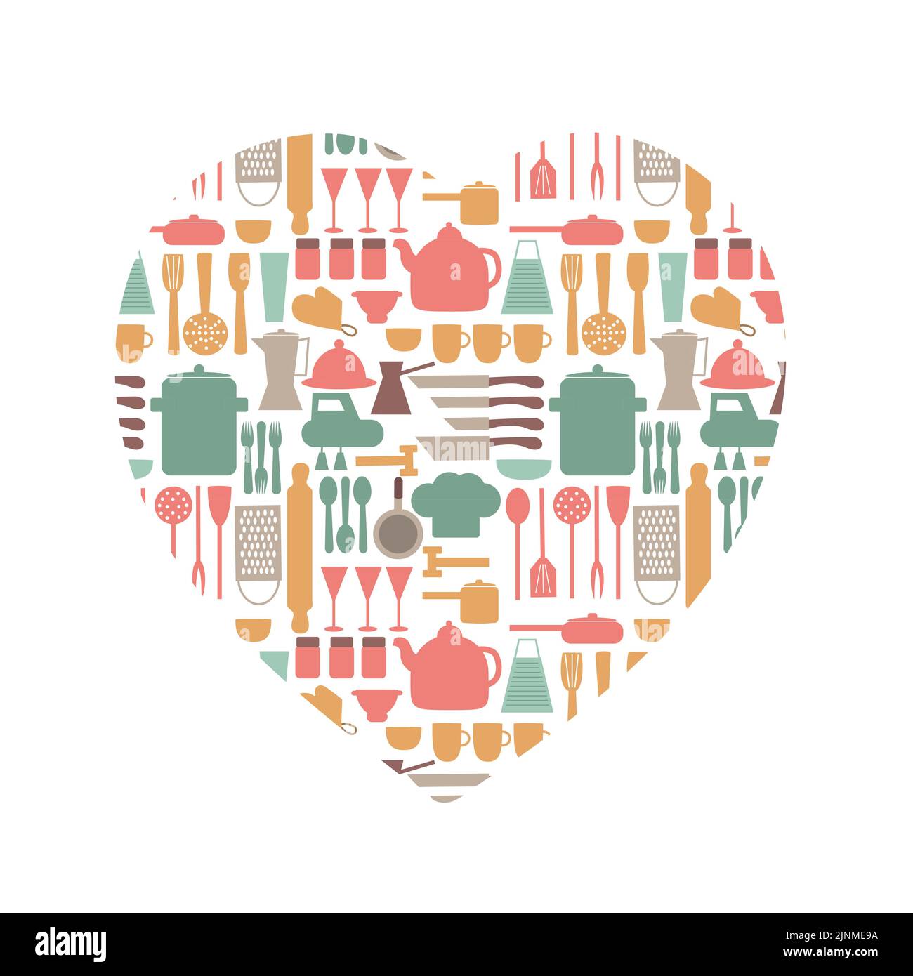 Biglietto d'auguri con una collezione di utensili e attrezzi per cucinare con amore. Illustrazione Vettoriale