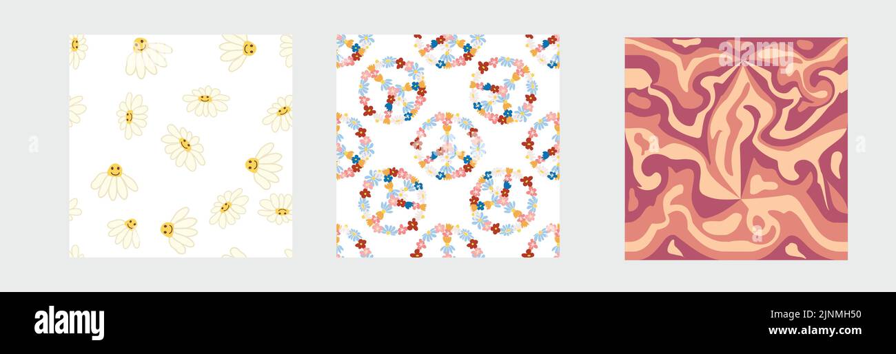 Set di motivi retro 1970s senza cuciture. Floreale, vortice, funghi, simbolo della pace, camomilla, sorridi. Design groovy nello stile degli anni '70. Illustrazione Vettoriale