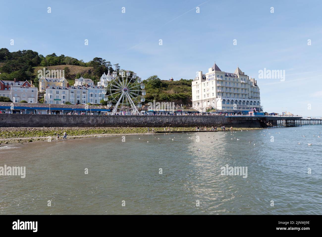 Llandudno, Clwyd, Galles, Agosto 07 2022: Grand Hotel e grande ruota come visto dal mare. Foto Stock