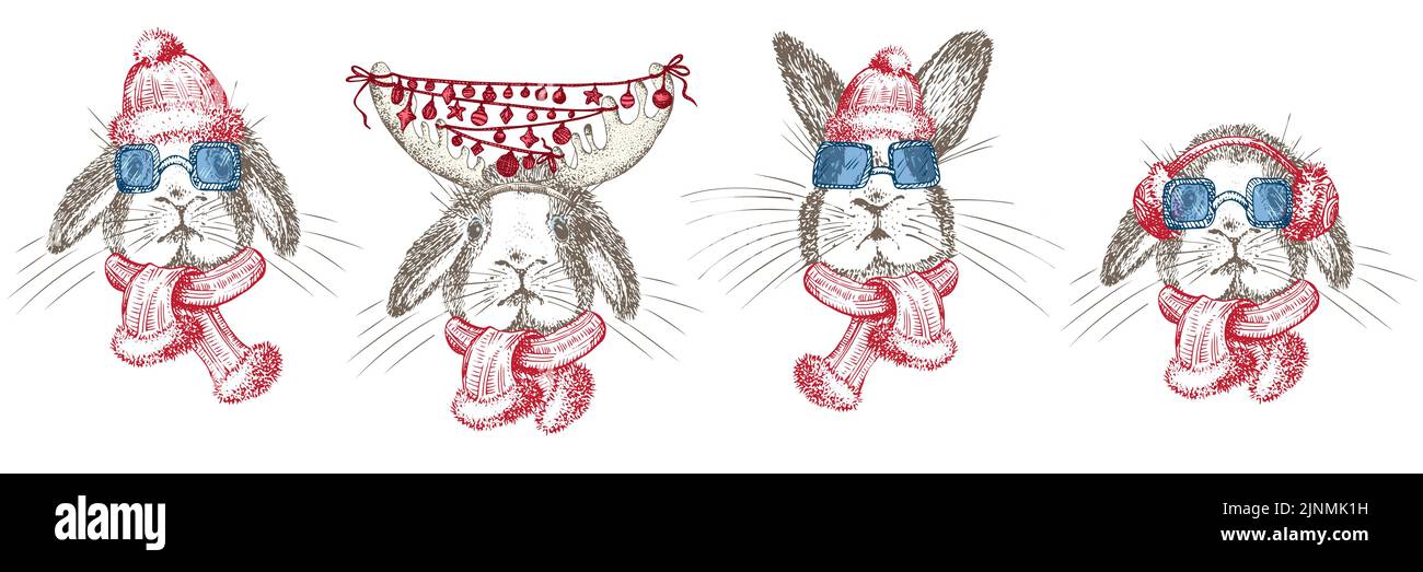 Coniglio disegnato a mano in sciarpa invernale rossa, cuffie, occhiali da sole. Bunny simbolo cinese Capodanno 2023. Decort di Natale. Tatuaggio art. Disegno bianco e nero Illustrazione Vettoriale