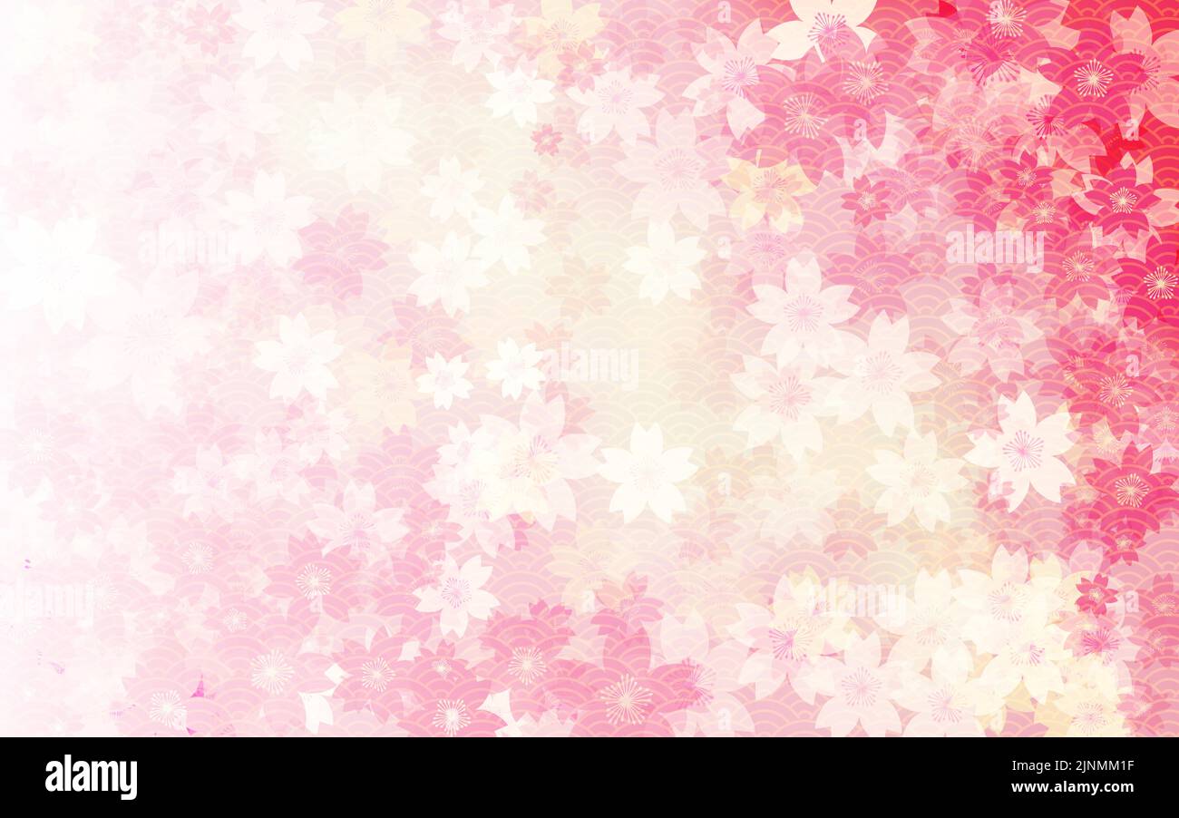 Materiale di sfondo primaverile, sfondo con gradazione in fiore di ciliegio, motivo giapponese (onda Qinghai) incluso Illustrazione Vettoriale