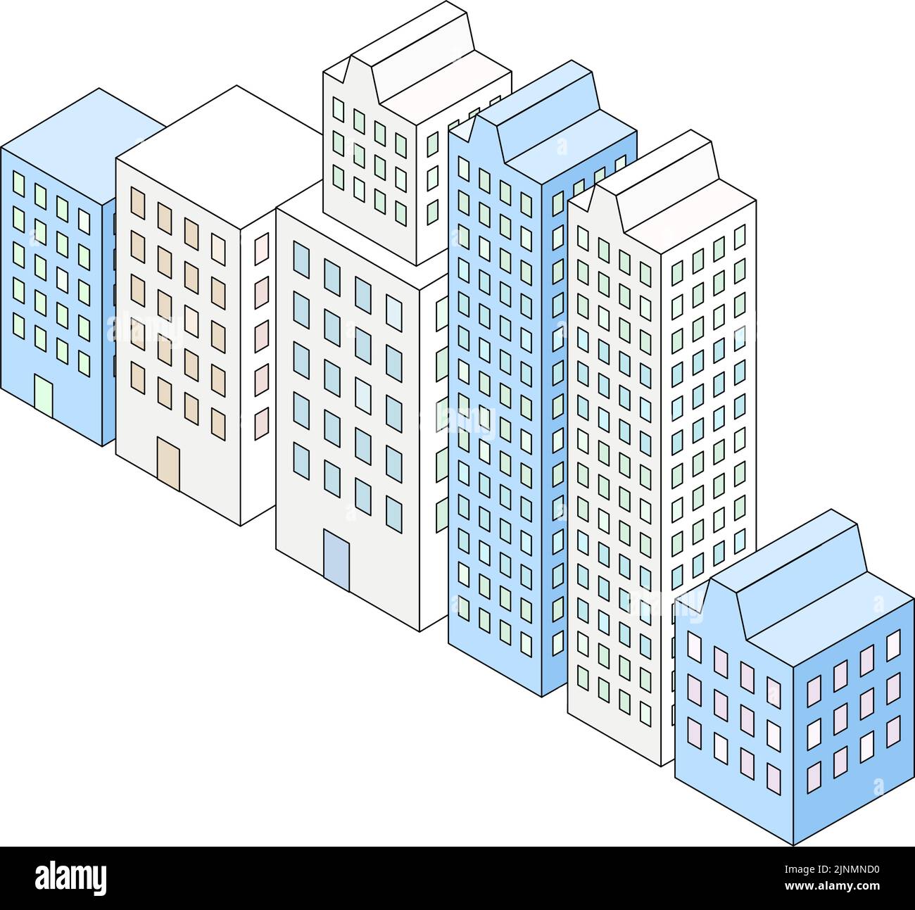 Illustrazione dei grattacieli allineati affiancati, isometrici Illustrazione Vettoriale