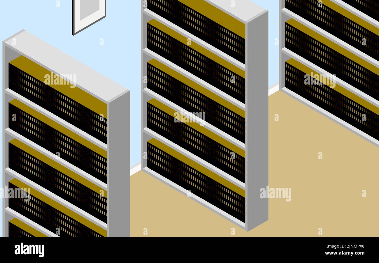 Isometrica, una sala di riferimento piena di materiali su una libreria Illustrazione Vettoriale