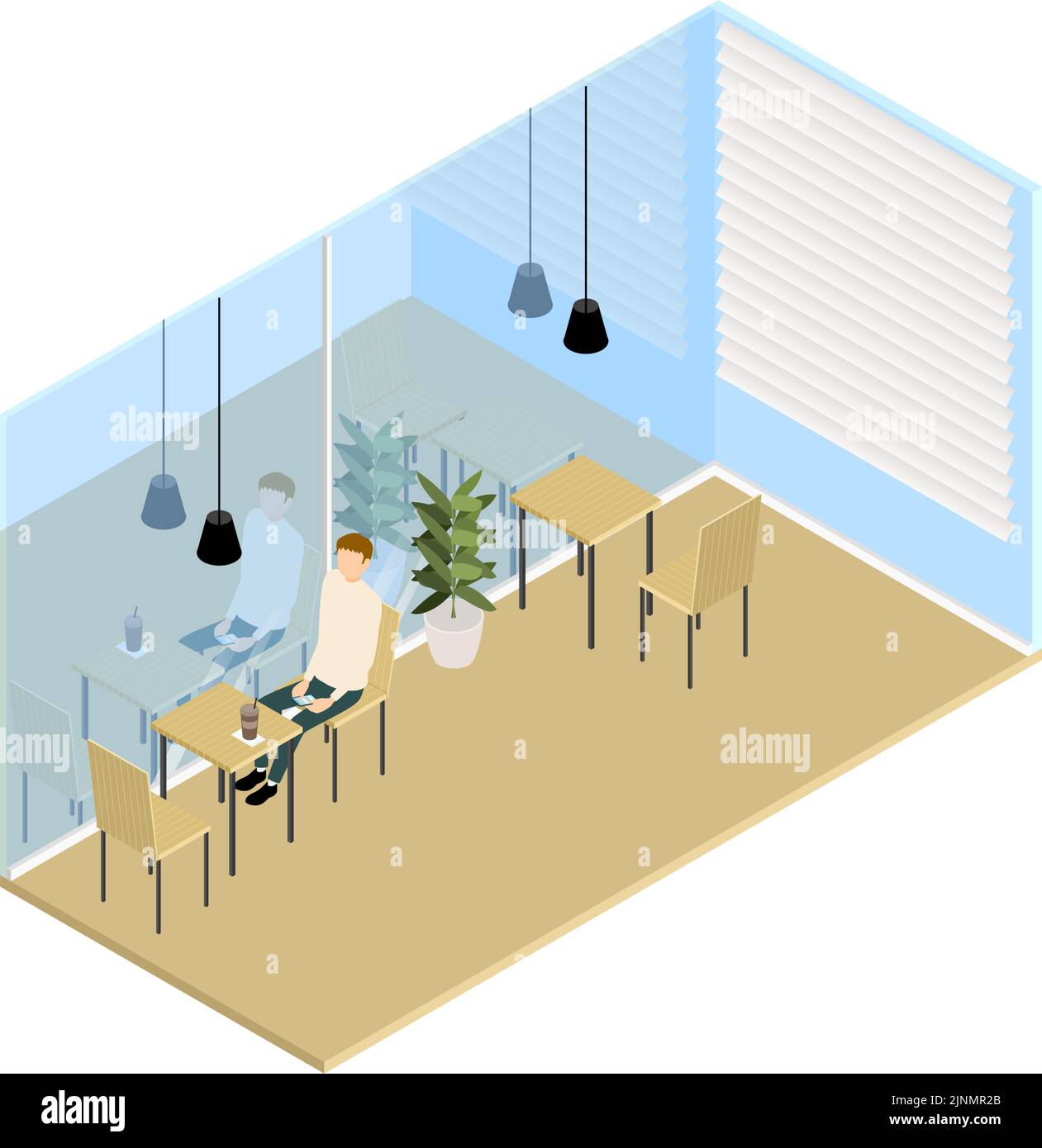 Isometric, un uomo che ha il tè in un caffè in stile legno Illustrazione Vettoriale