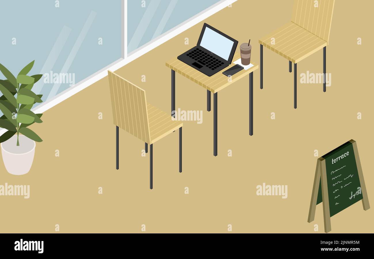 Caffè in stile legno con terrazza posti a sedere e computer portatili, isometrici Illustrazione Vettoriale