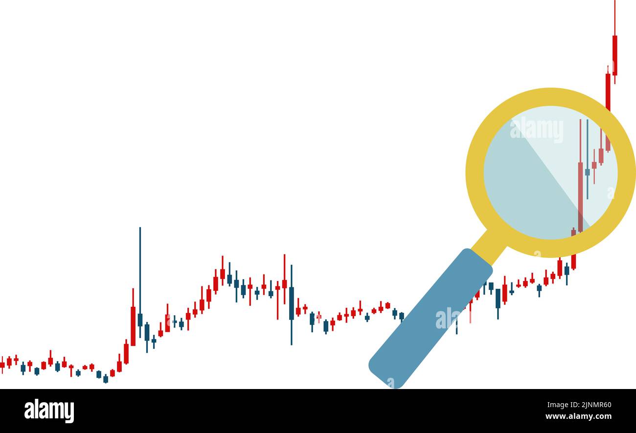 Con il grafico a candelabro, aumento, lente di ingrandimento utilizzato per le azioni, FX e valute virtuali Illustrazione Vettoriale