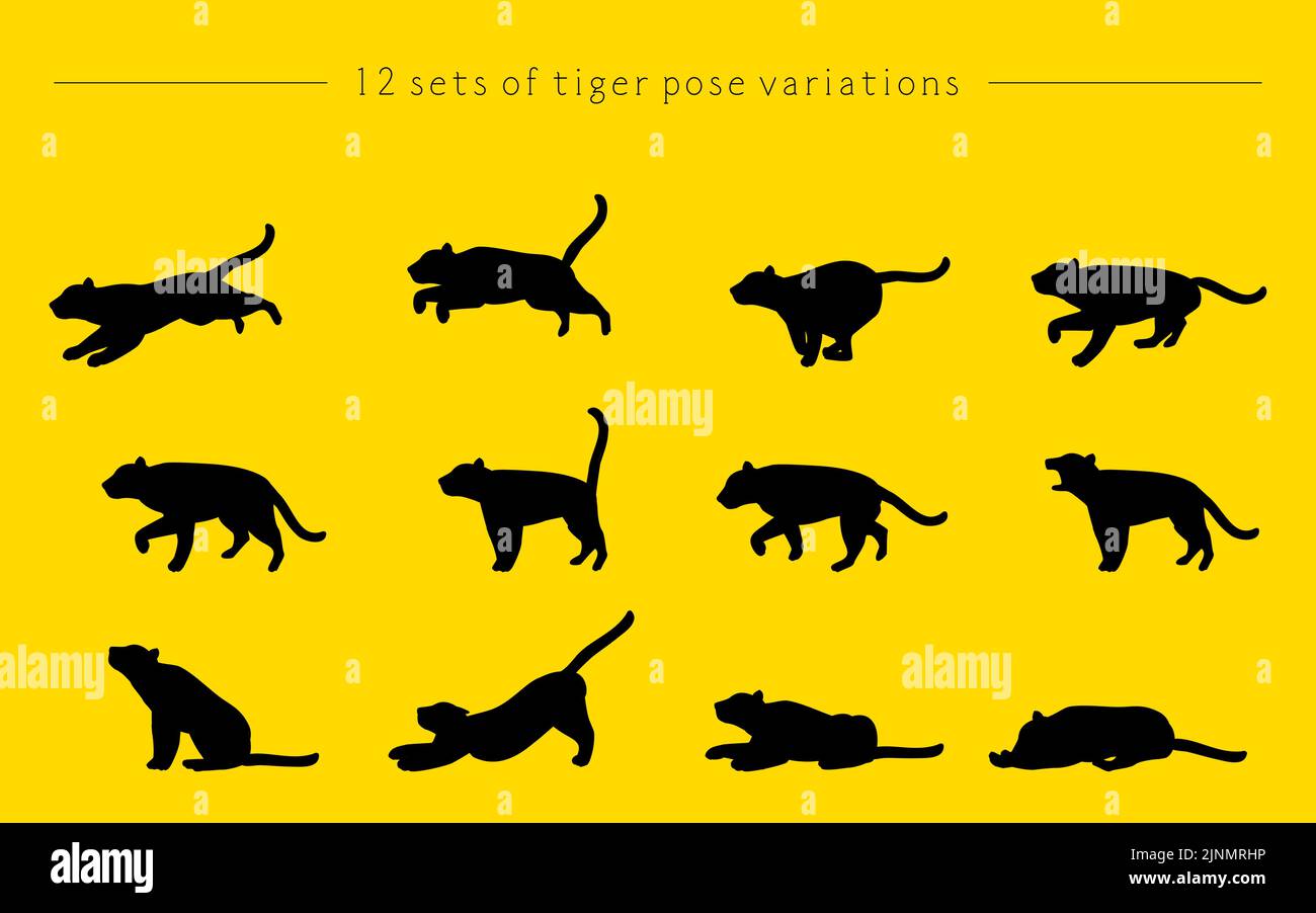 12 tipi di posa semplice della silhouette della tigre Illustrazione Vettoriale