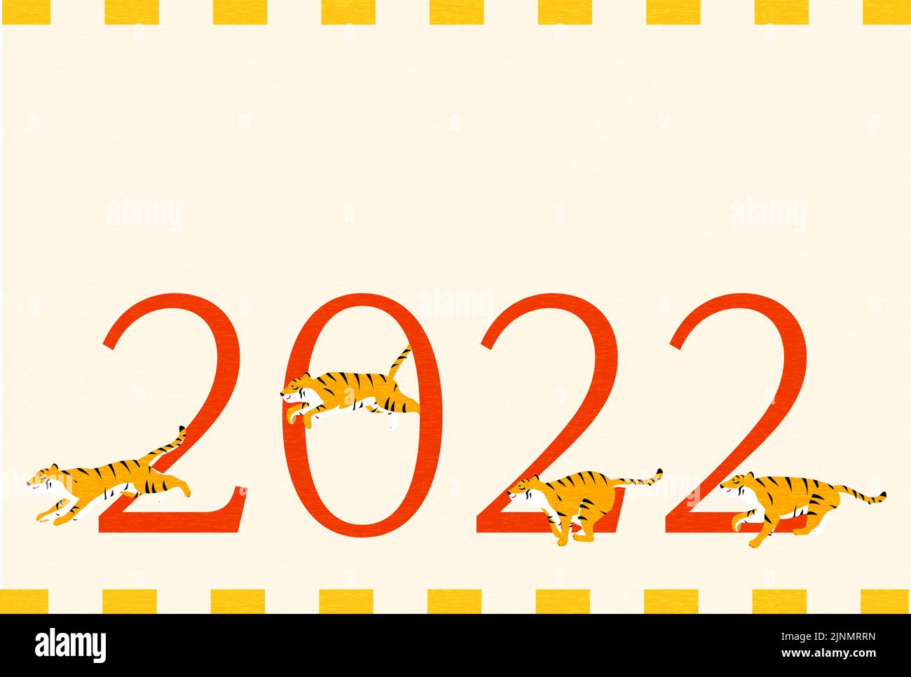 2022 carta di Capodanno, anno Tigre, 4 tigri che corrono e volano secondo i personaggi di 2022 Illustrazione Vettoriale