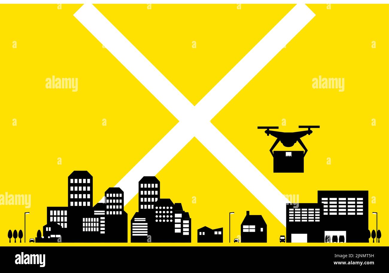 La legislazione sui droni, una semplice icona che mostra il volo in un'area densamente popolata Illustrazione Vettoriale