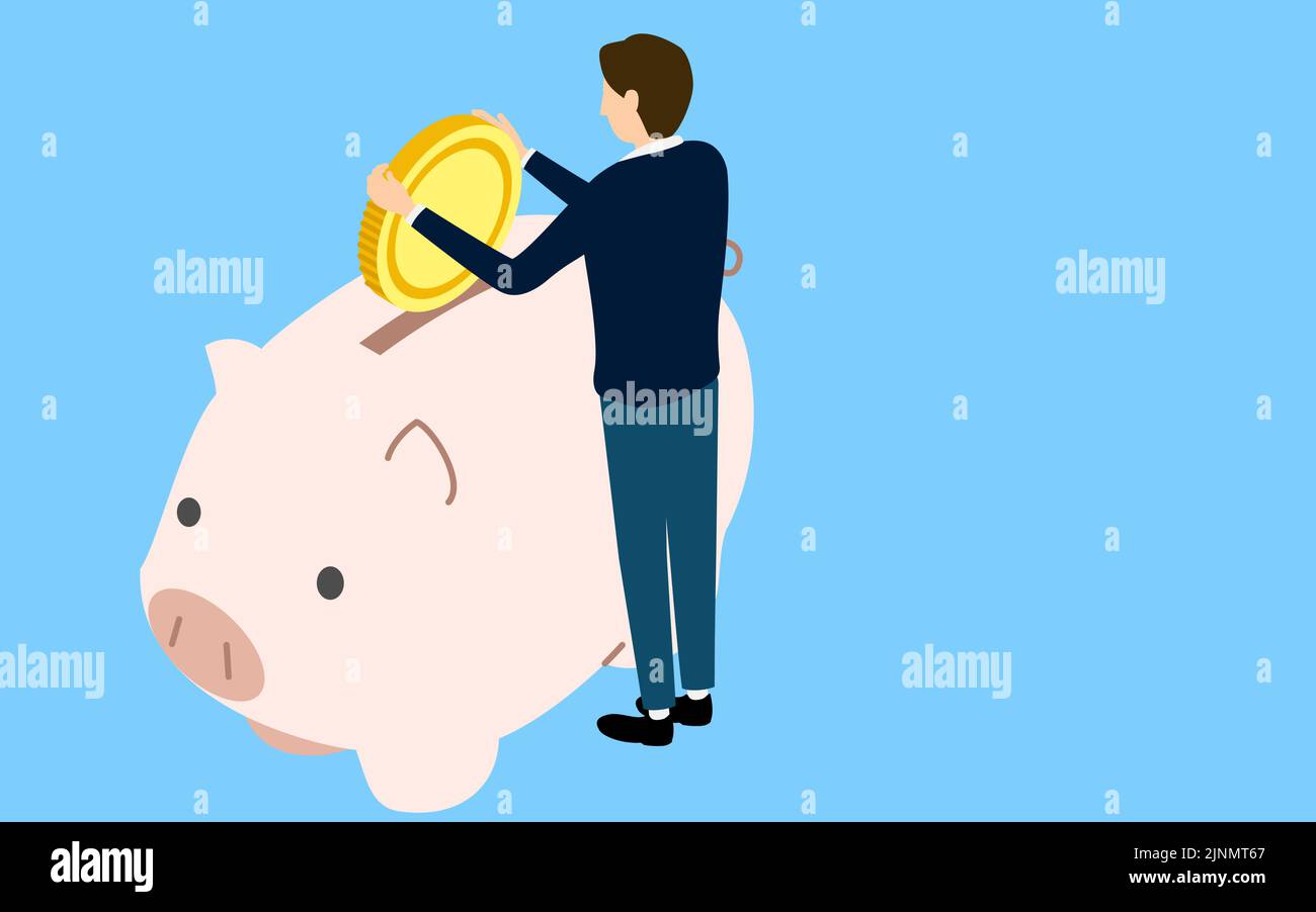 Immagine del risparmio, uomo che mette monete in banca piggy, isometrico Illustrazione Vettoriale