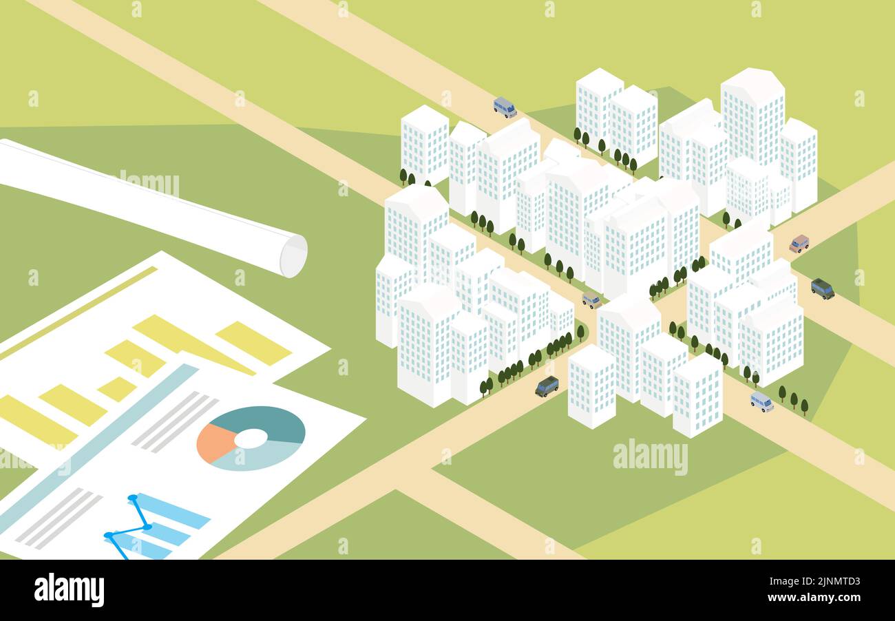 Immagine dello sviluppo urbano, illustrazione isometrica della città edificante da una vista dall'alto Illustrazione Vettoriale