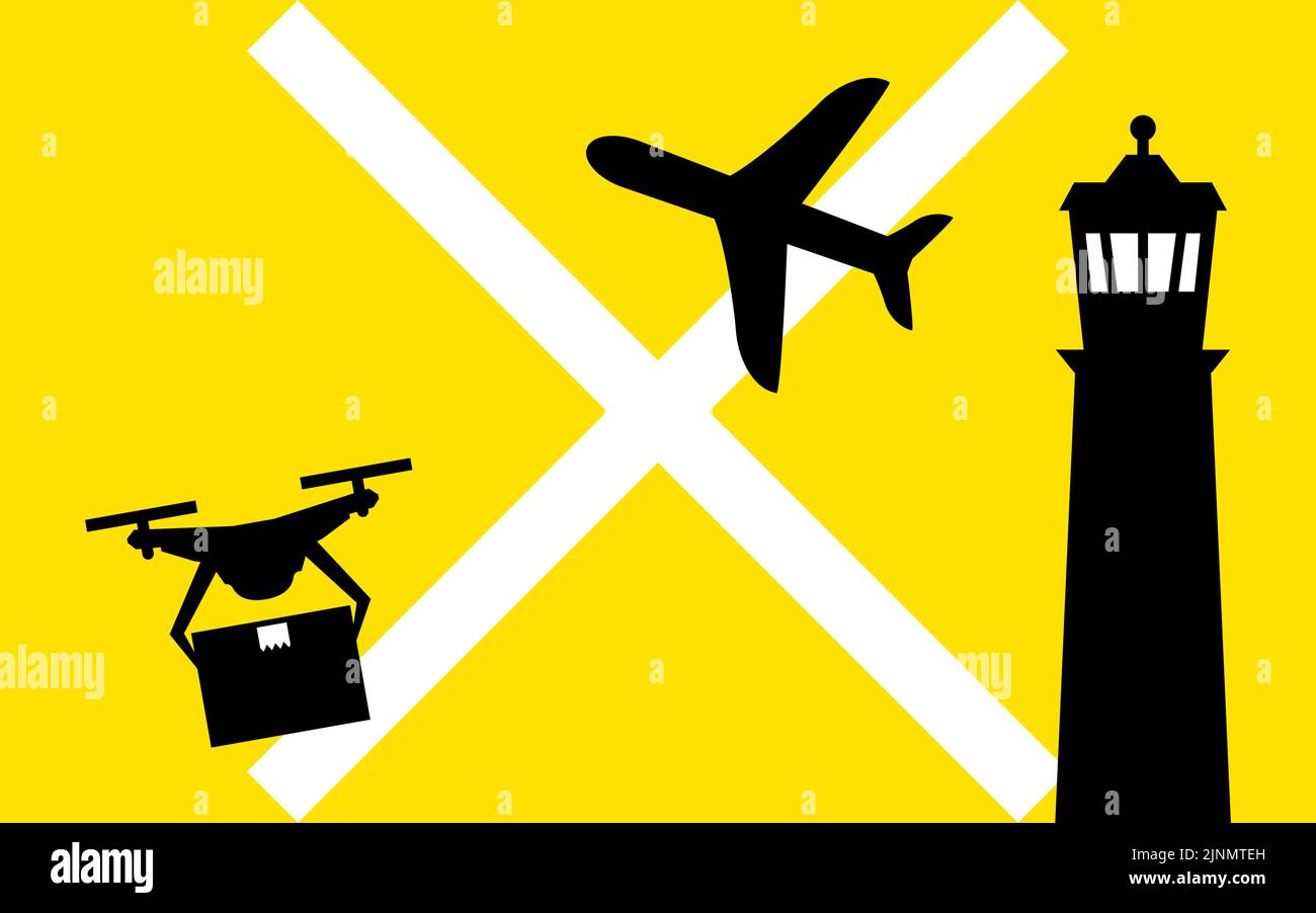 Icone semplici che mostrano le normative sui droni, che volano nello spazio aereo intorno agli aeroporti, ecc. Illustrazione Vettoriale