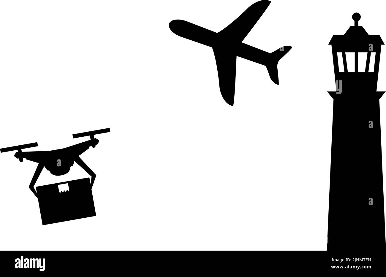 Icone semplici che mostrano le normative sui droni, che volano nello spazio aereo intorno agli aeroporti, ecc. Illustrazione Vettoriale