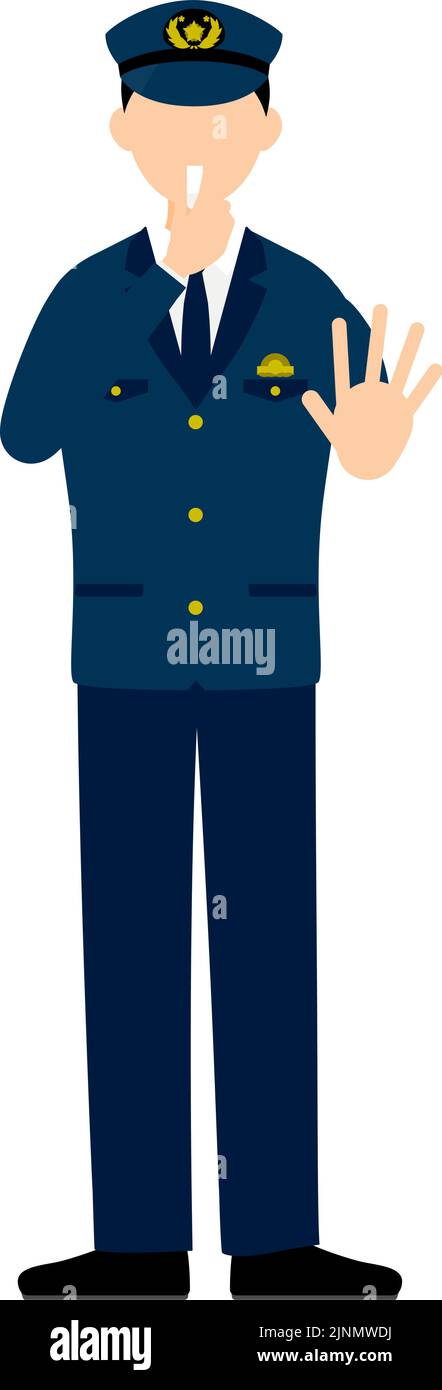 Giovane poliziotto maschio in posa, soffia un fischio per fermare Illustrazione Vettoriale