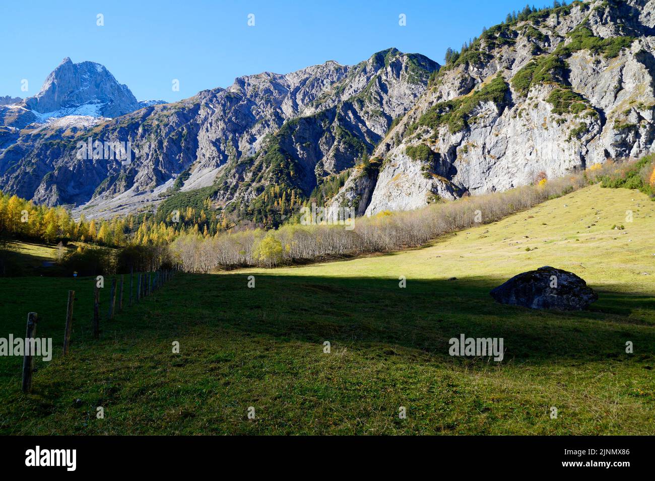 Un pittoresco paesaggio alpino con pini e il cielo blu a Gramai Alm in Austria in una giornata di sole nel mese di ottobre Foto Stock