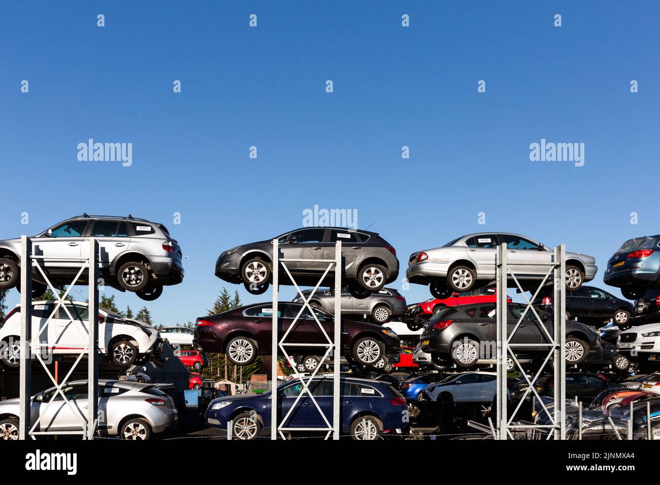 Vista del profilo di auto a motore rottamate coinvolte in incidenti stradali impilati su scaffali in un deposito spazzatura dei concessionari di metallo rottame con spazio di copia Foto Stock