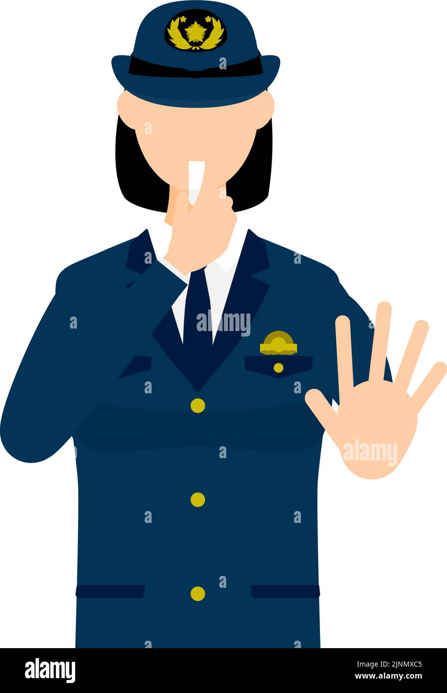 Giovane poliziotto femminile in posa, soffia un fischio per fermare Illustrazione Vettoriale