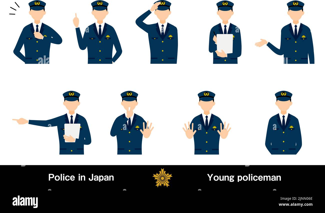 9 set di giovani poliziotti maschi, saluti, arresti, poliziotti, ecc. Illustrazione Vettoriale