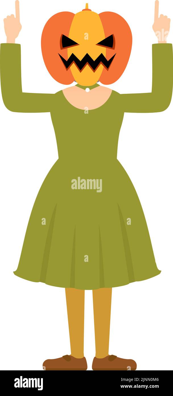 Costume di Halloween, una ragazza in un costume fantasma di zucca posa puntando con entrambe le mani Illustrazione Vettoriale