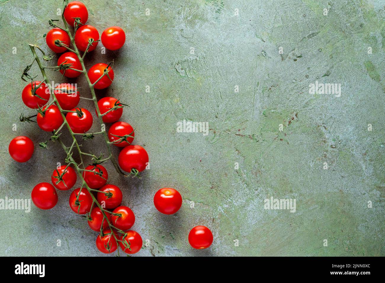 pomodori ciliegini freschi sulla vite su fondo verde testurizzato Foto Stock
