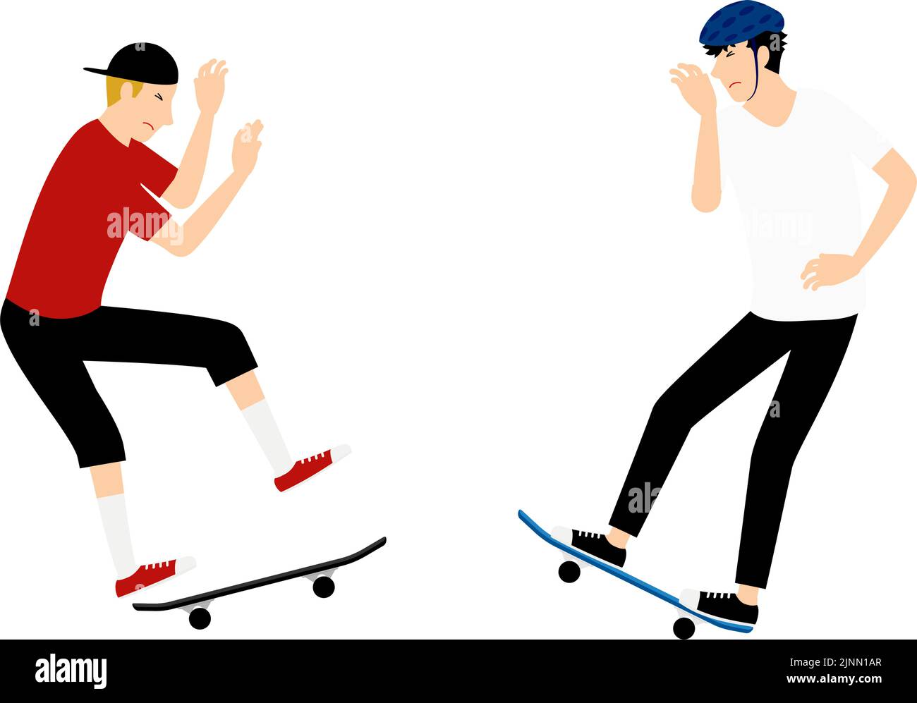 Problemi di skateboard, incidenti, uomini che si scontrano con altri skater Illustrazione Vettoriale