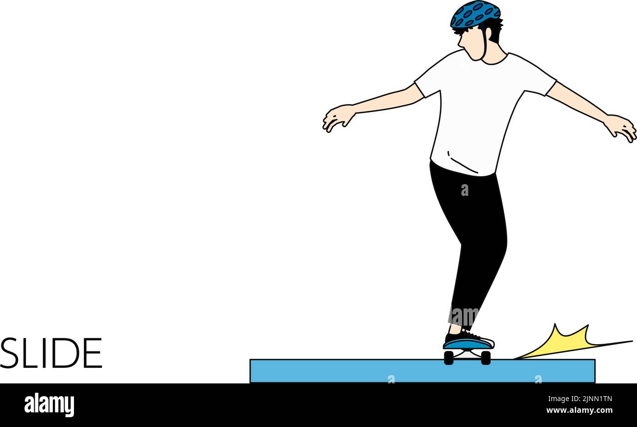 Skateboard trick di tipo grind, uomo che scivola lungo un marciapiede Illustrazione Vettoriale