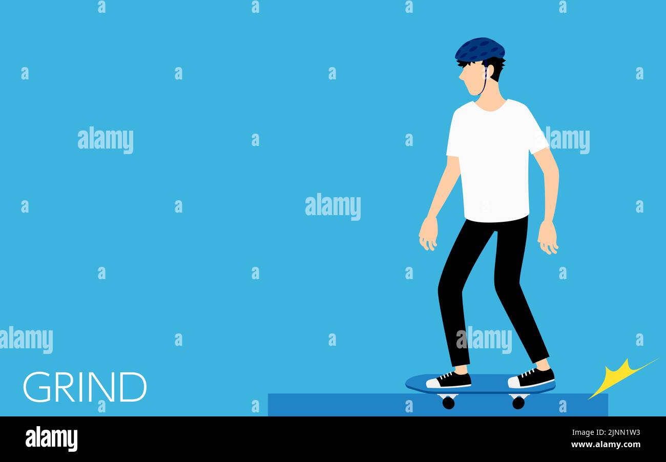 Skateboard trick di tipo grind, uomo che scivola lungo un marciapiede Illustrazione Vettoriale