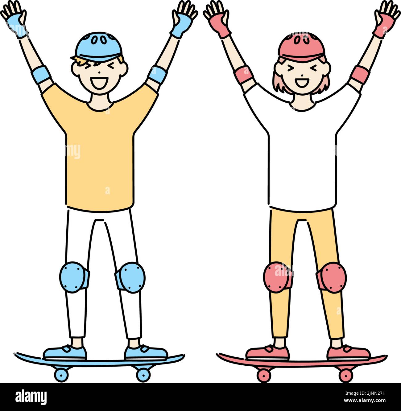 Skateboard, ragazzi sorridenti e ragazze che alzano le mani Illustrazione Vettoriale