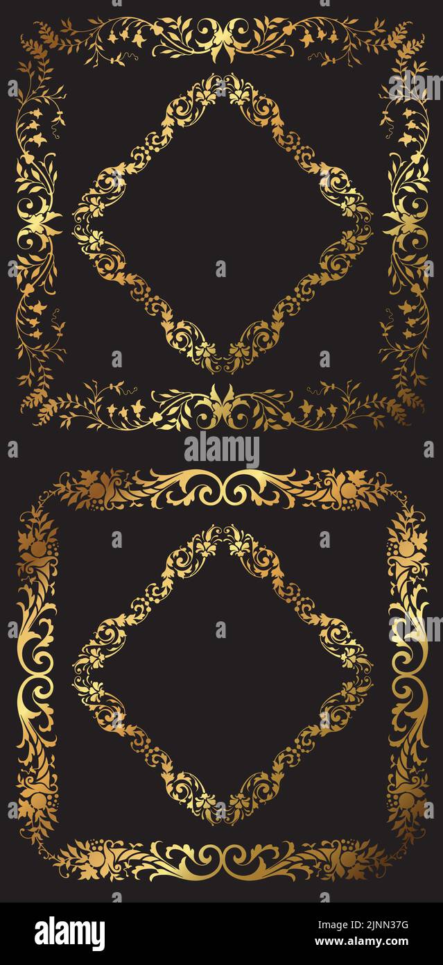 Un set di bordi decorativi e cornici floreali d'oro d'epoca. Illustrazione Vettoriale