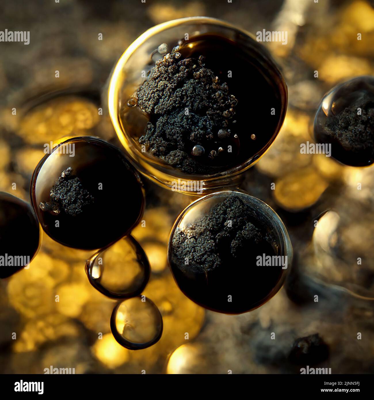 Abstract 3D immagine dell'inquinamento da fuliggine dei gas di scarico al microscopio. Batteri neri nocivi che sembrano gocce di olio motore di cattiva qualità. Foto Stock