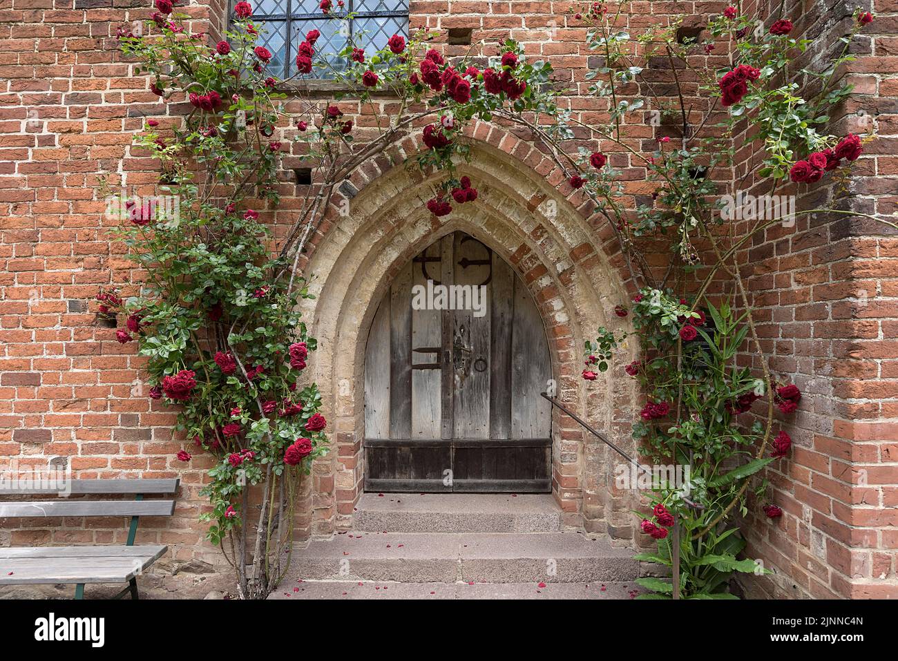 Rose-coperto portale d'ingresso della chiesa del villaggio gotico, 13th ° secolo Kirch Grambow, Meclemburgo-Pomerania occidentale, Germania Foto Stock