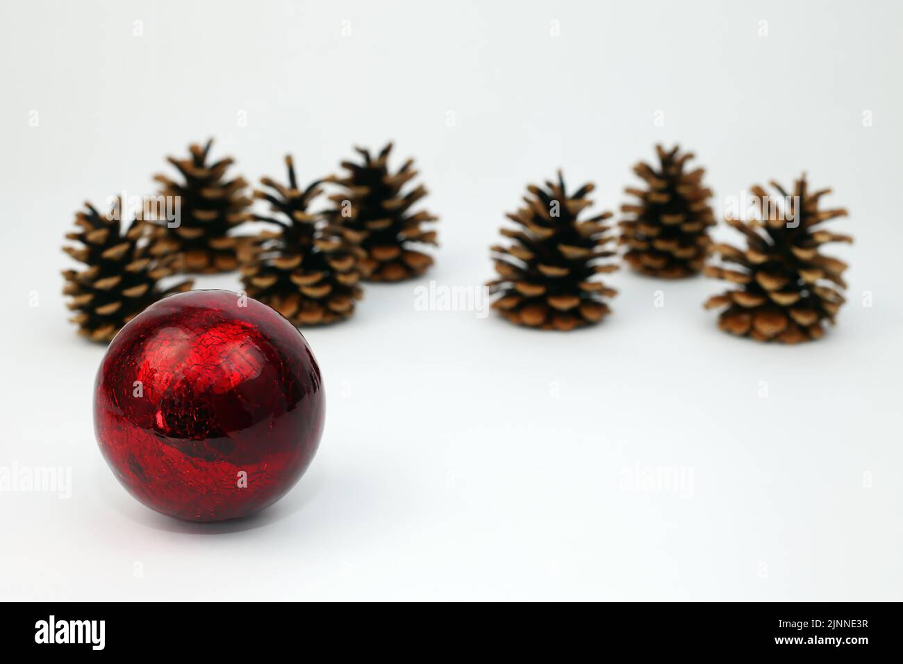 Sfera rossa dell'albero di Natale e cono di abete o cono del pino tagliato su uno sfondo bianco con gradiente di messa a fuoco Foto Stock