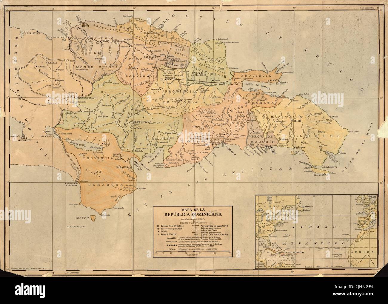 Mappa dei colori vintage della Repubblica Dominicana sull'isola di Hispaniola Foto Stock