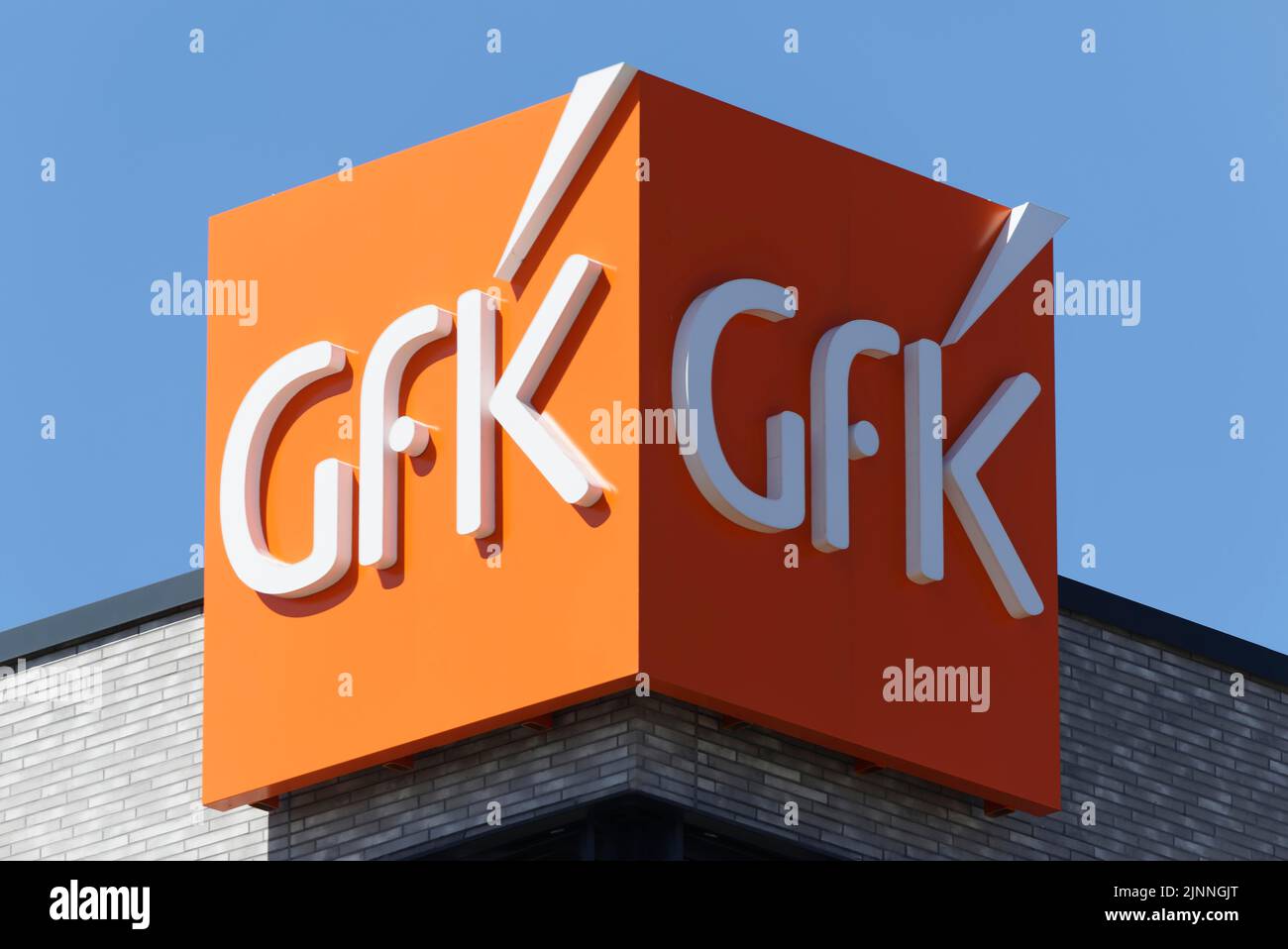 Logo GfK, marchio, marchio, sta per Growth from Knowledge, marchio, marchio, più grande istituto tedesco di ricerche di mercato, Norimberga, Middle Foto Stock