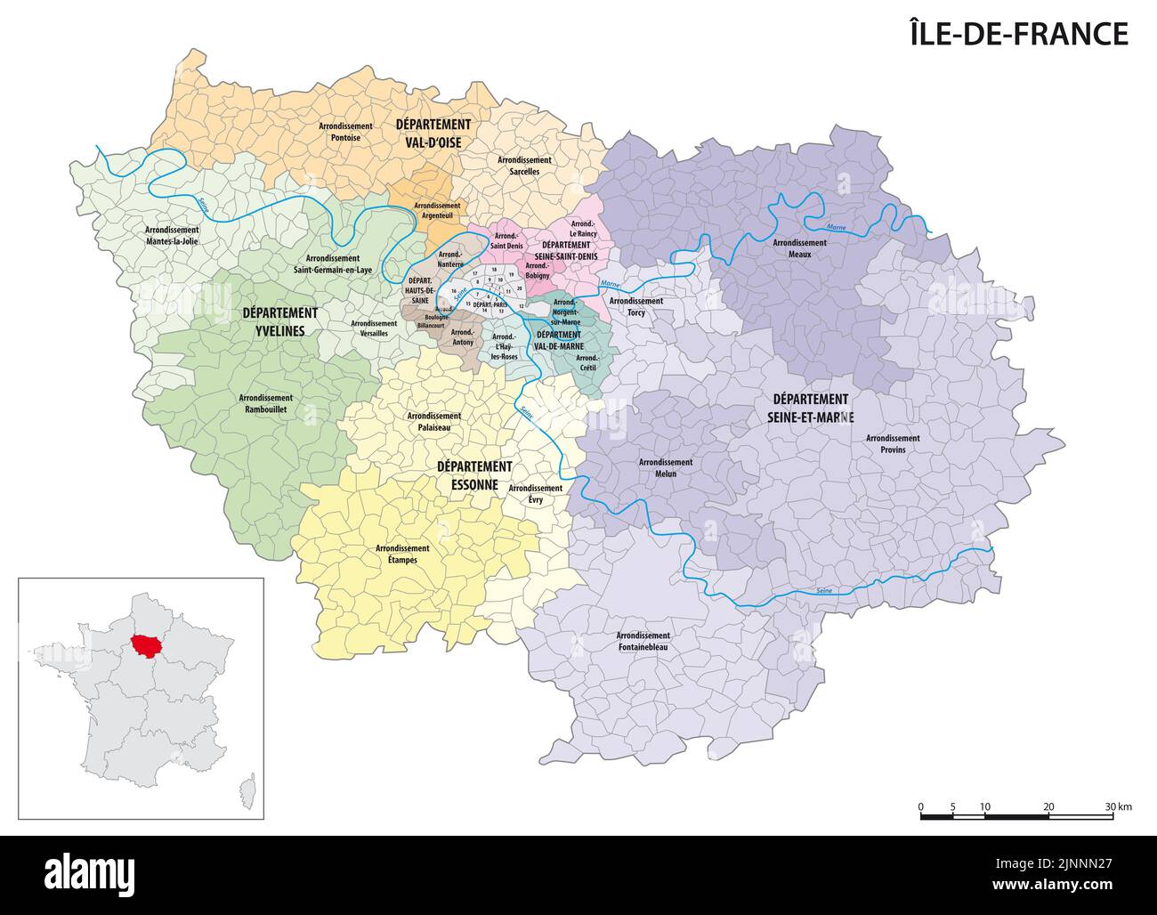 Mappa amministrativa dettagliata della regione Ile-de-France, Francia Foto Stock