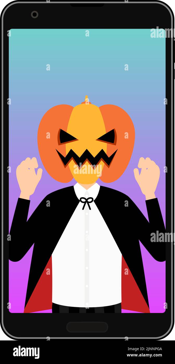 Ragazzo in costume di jack-o'-lantern che ha una festa online di Halloween sul suo telefono. Illustrazione Vettoriale