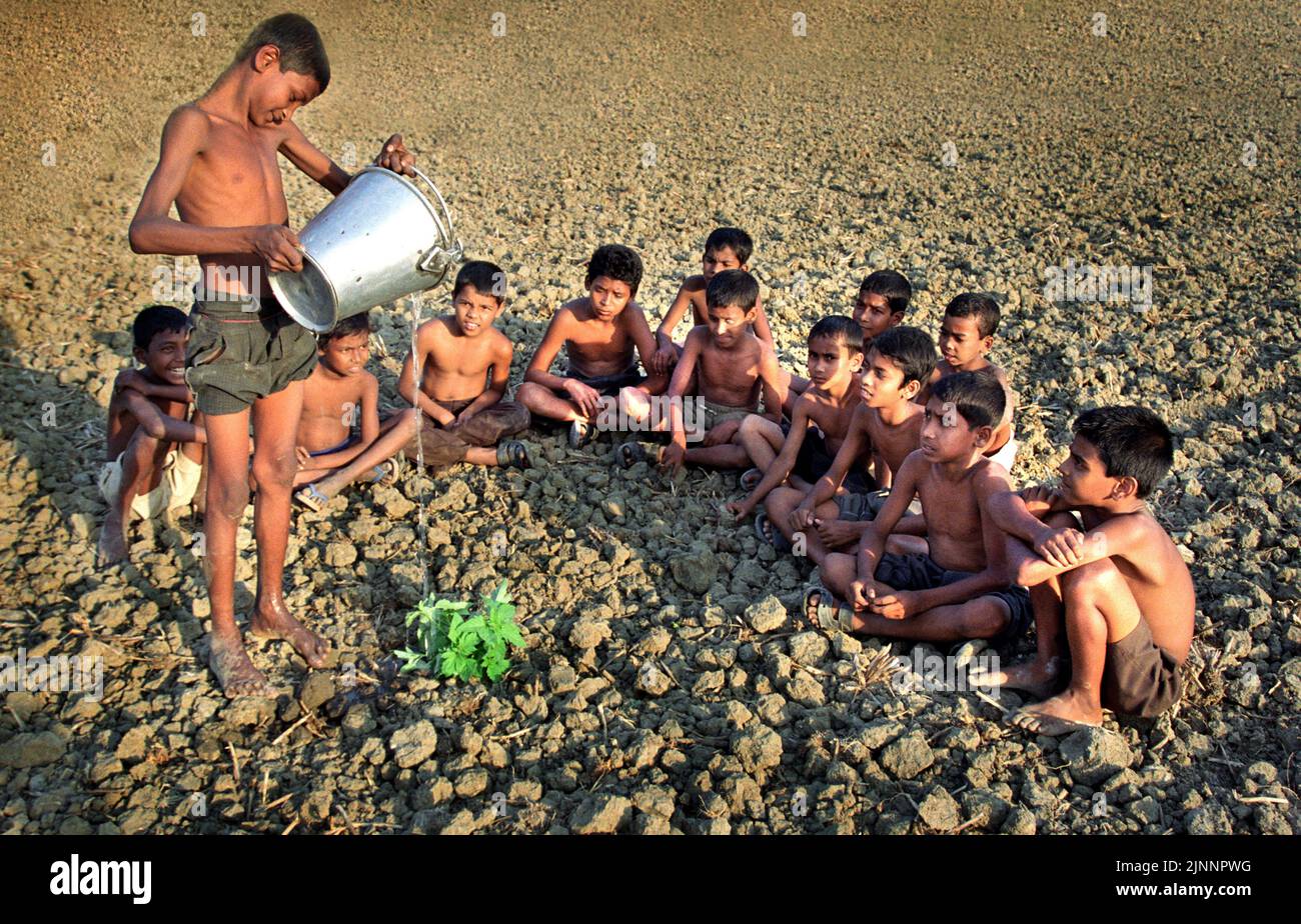 I bambini del villaggio rurale sono piantagione nel campo asciutto fangoso nel remoto villaggio del Bengala Occidentale in India. Foto Stock