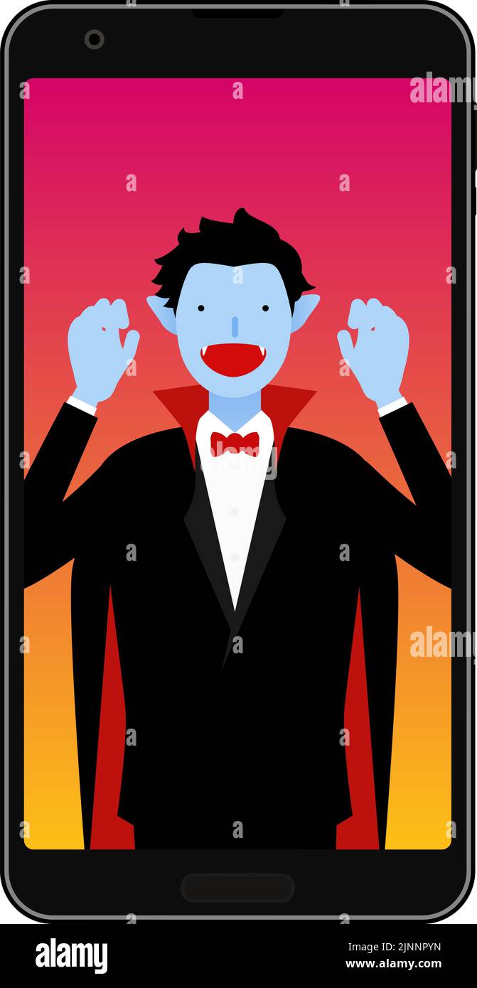 Un uomo vestito come Dracula che ha una festa online di Halloween sul suo telefono. Illustrazione Vettoriale