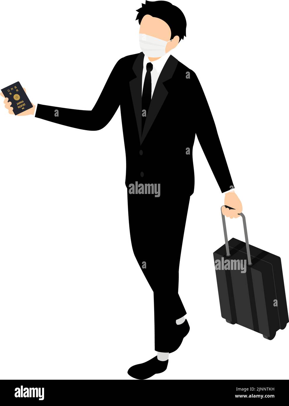 Uomo d'affari in viaggio d'affari all'estero, isometrico, tirando una valigia con il suo passaporto - traduzione: Passaporto giapponese Illustrazione Vettoriale