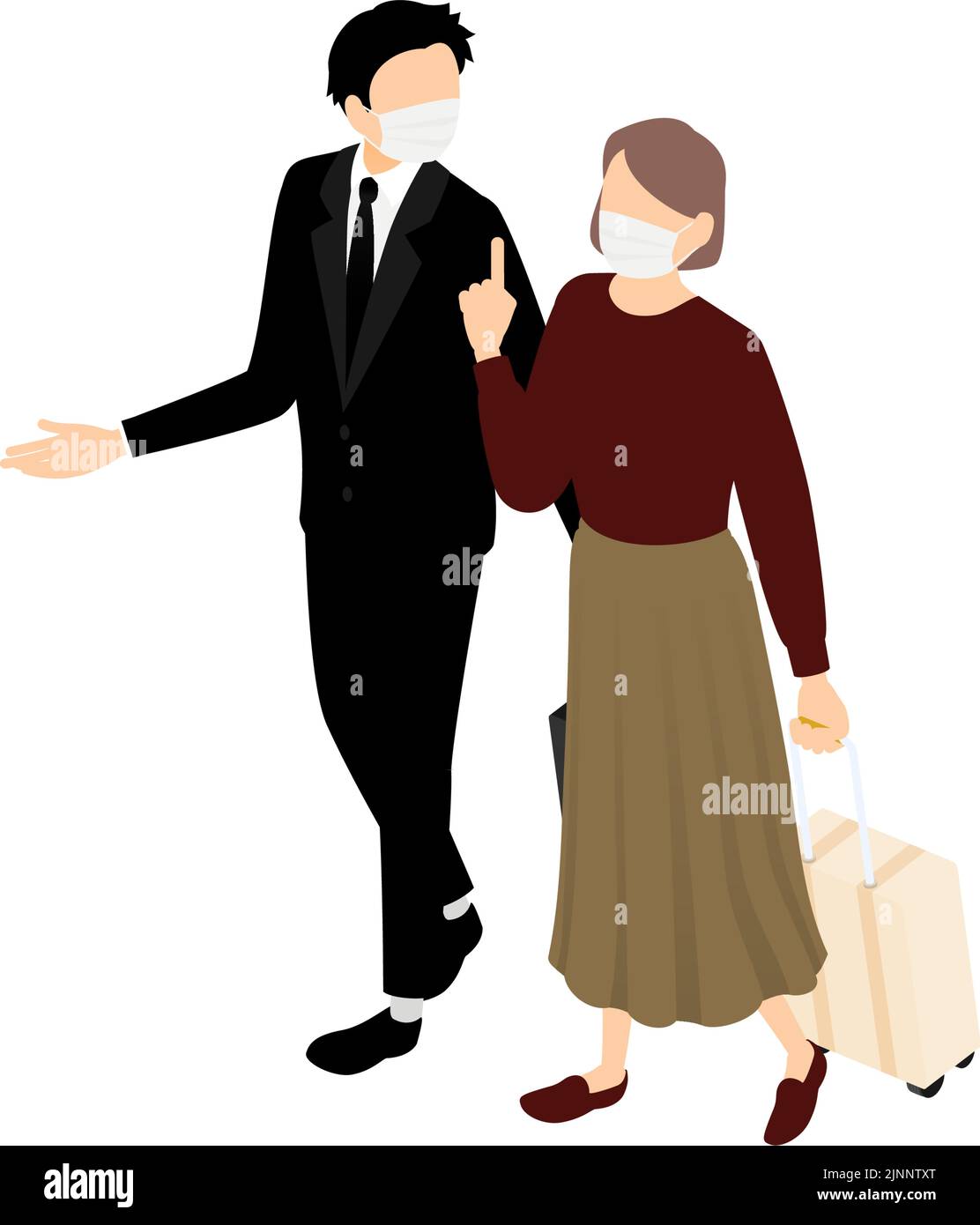 Un uomo e una donna che parlano mentre camminano e tirano una valigia in un viaggio d'affari, isometrica. Illustrazione Vettoriale