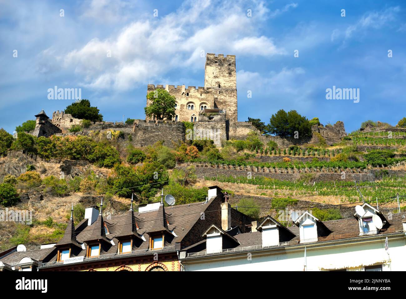 Fortezza di Gutenfels (in tedesco: Burg Gutenfels) in un paesaggio estivo a 110 m sopra la città di Kaub in Renania-Palatinato, Germania Foto Stock