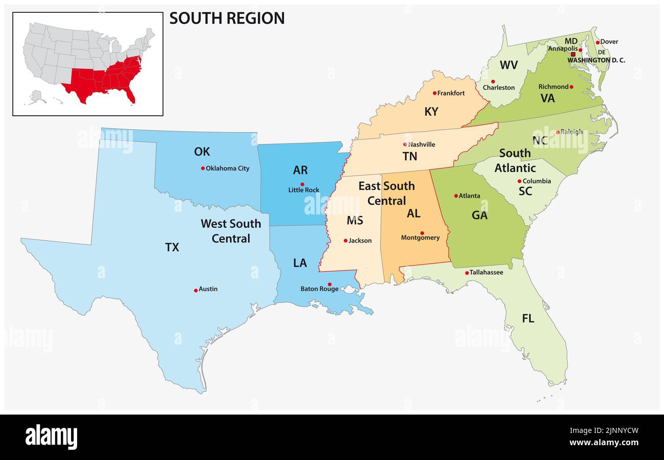 Mappa vettoriale amministrativa della regione del censimento degli Stati Uniti Sud Foto Stock