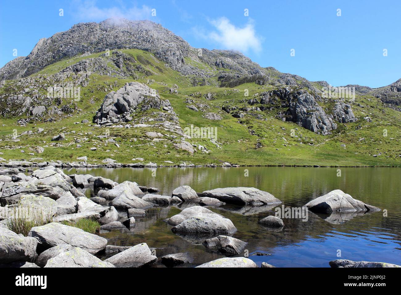 Llyn Bochlwyd con Tryfan sullo sfondo, Glyderau catena montuosa, Snowdonia, Galles Foto Stock