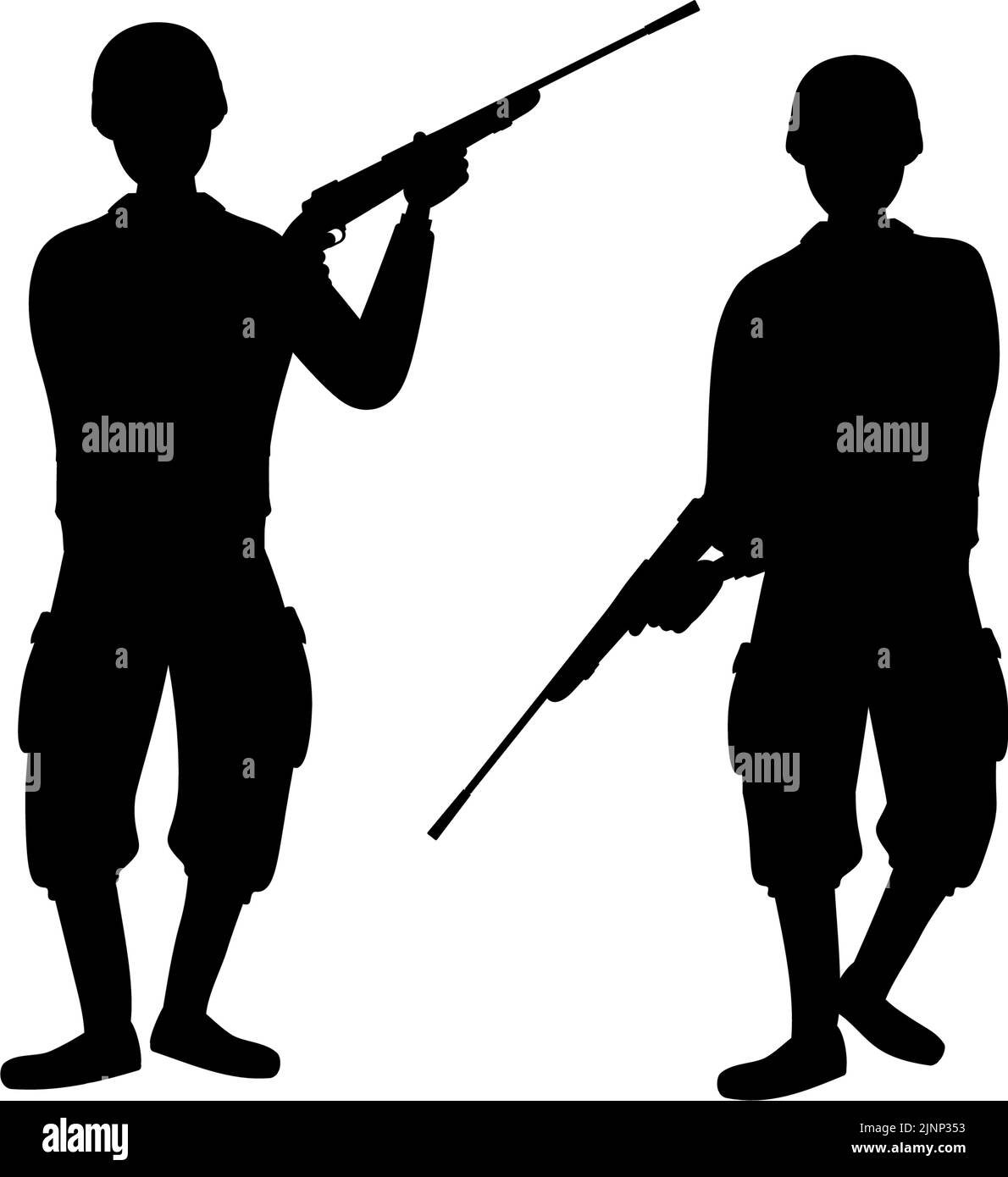 Silhouette di due soldati in possesso di fucili, guerra e selvaggio gioco. Illustrazione Vettoriale